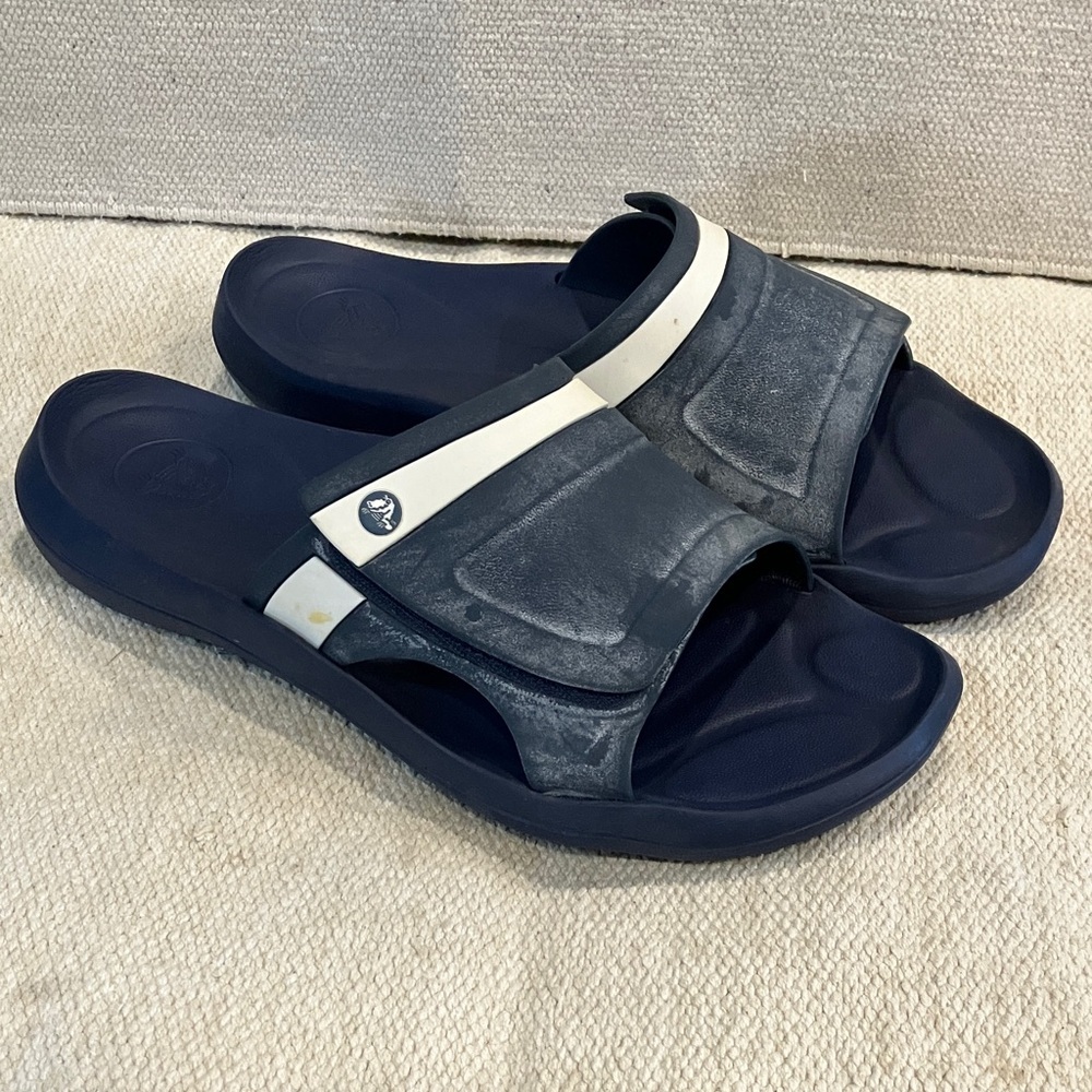 CROCS Men's size 13 Dark Blue and White Slide Sandals